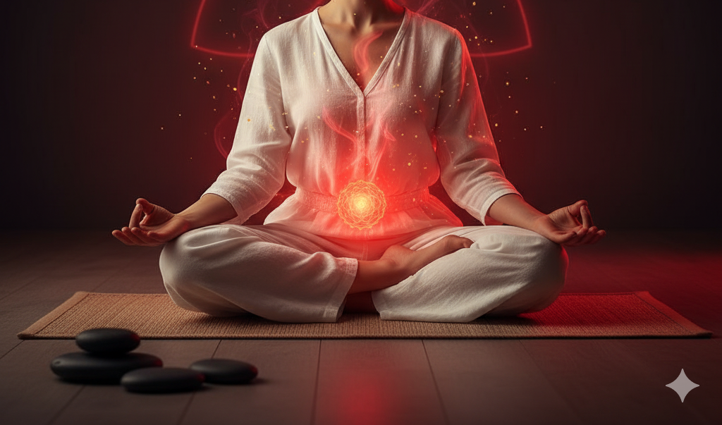 Ilustração do chakra básico em vermelho, relacionado à energia vital