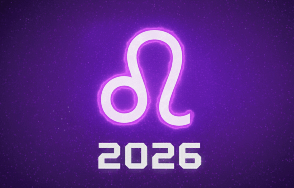 Imagem ilustra o símbolo do signo de Leão com o ano de 2026, simbolizando as previsões para Leão em 2026.