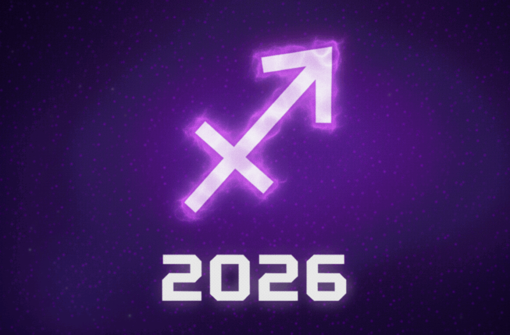 Imagem ilustra o símbolo do signo de Sagitário com o ano de 2026, simbolizando as previsões para Sagitário em 2026.