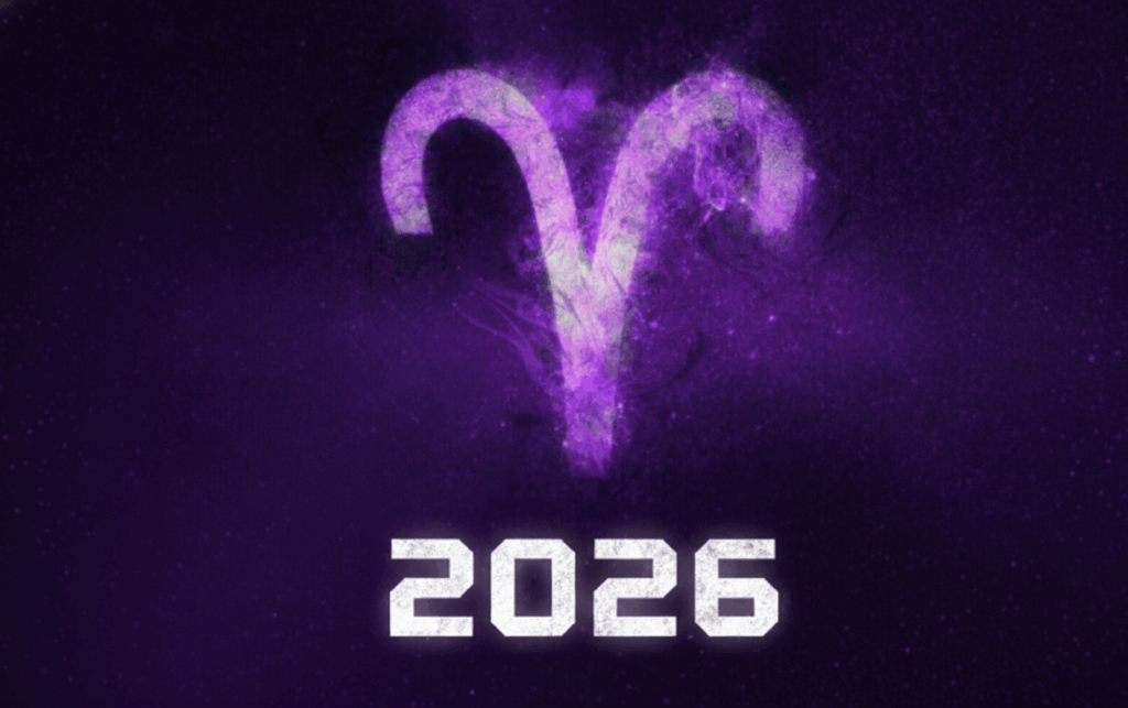 Imagem ilustra o símbolo do signo de Áries com o ano de 2026, simbolizando as previsões para Áries em 2026.