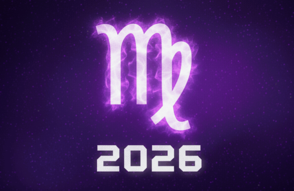 Imagem ilustra o símbolo do signo de Virgem com o ano de 2026, simbolizando as previsões para Virgem em 2026.