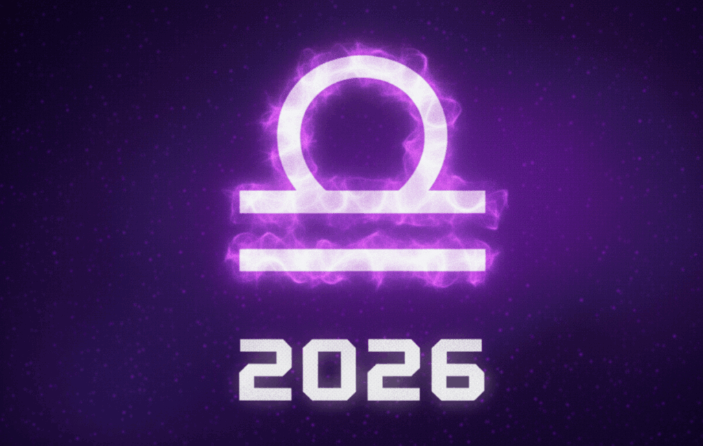 Imagem ilustra o símbolo do signo de Libra com o ano de 2026, simbolizando as previsões para Libra em 2026.