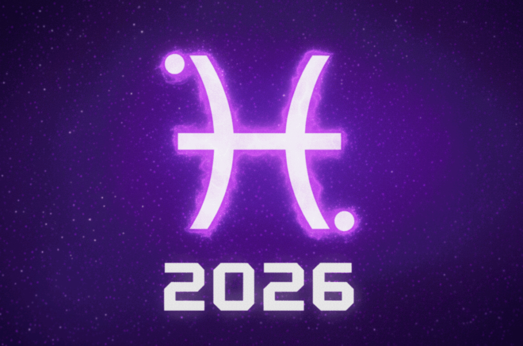 Imagem ilustra o símbolo do signo de Peixes com o ano de 2026, simbolizando as previsões para Peixes em 2026.
