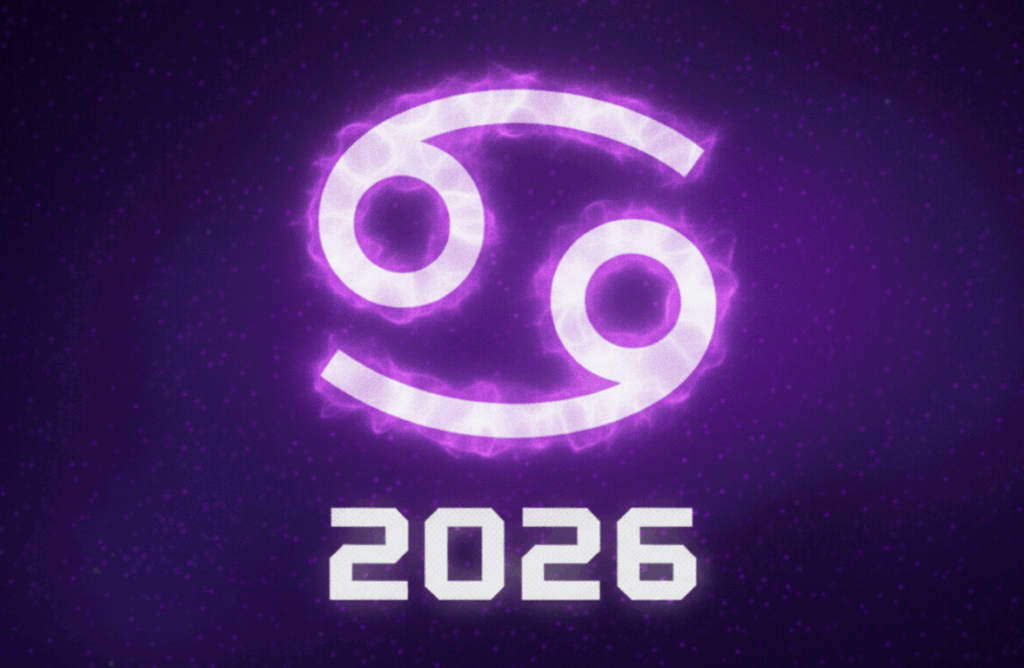 Imagem ilustra o símbolo do signo de Câncer com o ano de 2026, simbolizando as previsões para Câncer em 2026.