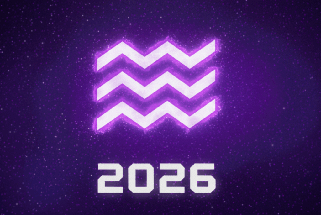 Imagem ilustra o símbolo do signo de Aquário com o ano de 2026, simbolizando as previsões para Aquário em 2026.