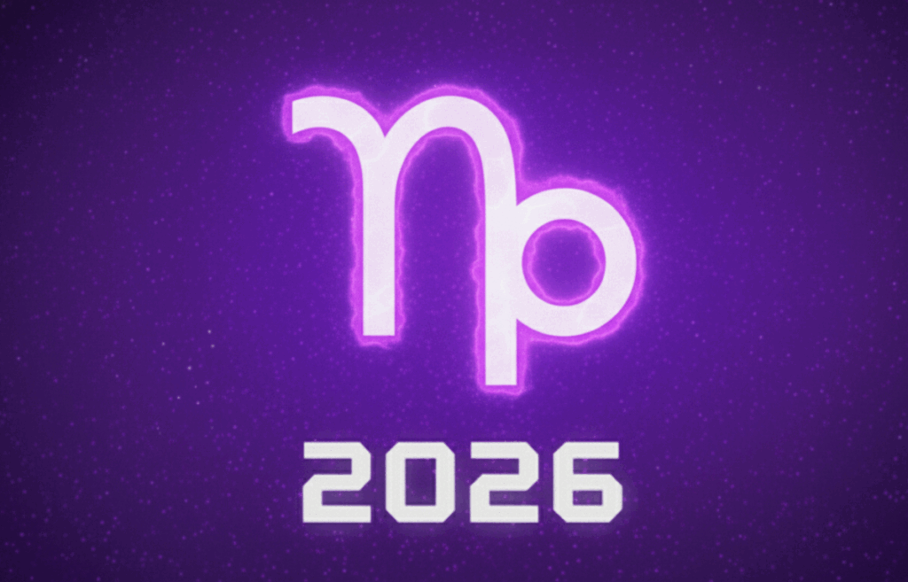 Imagem ilustra o símbolo do signo de Capricórnio com o ano de 2026, simbolizando as previsões para Capricórnio em 2026.