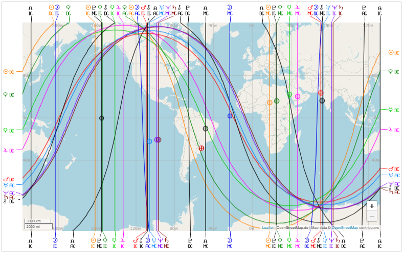 Exemplo de mapa astrocartográfico | Foto: Reprodução/Astro.com