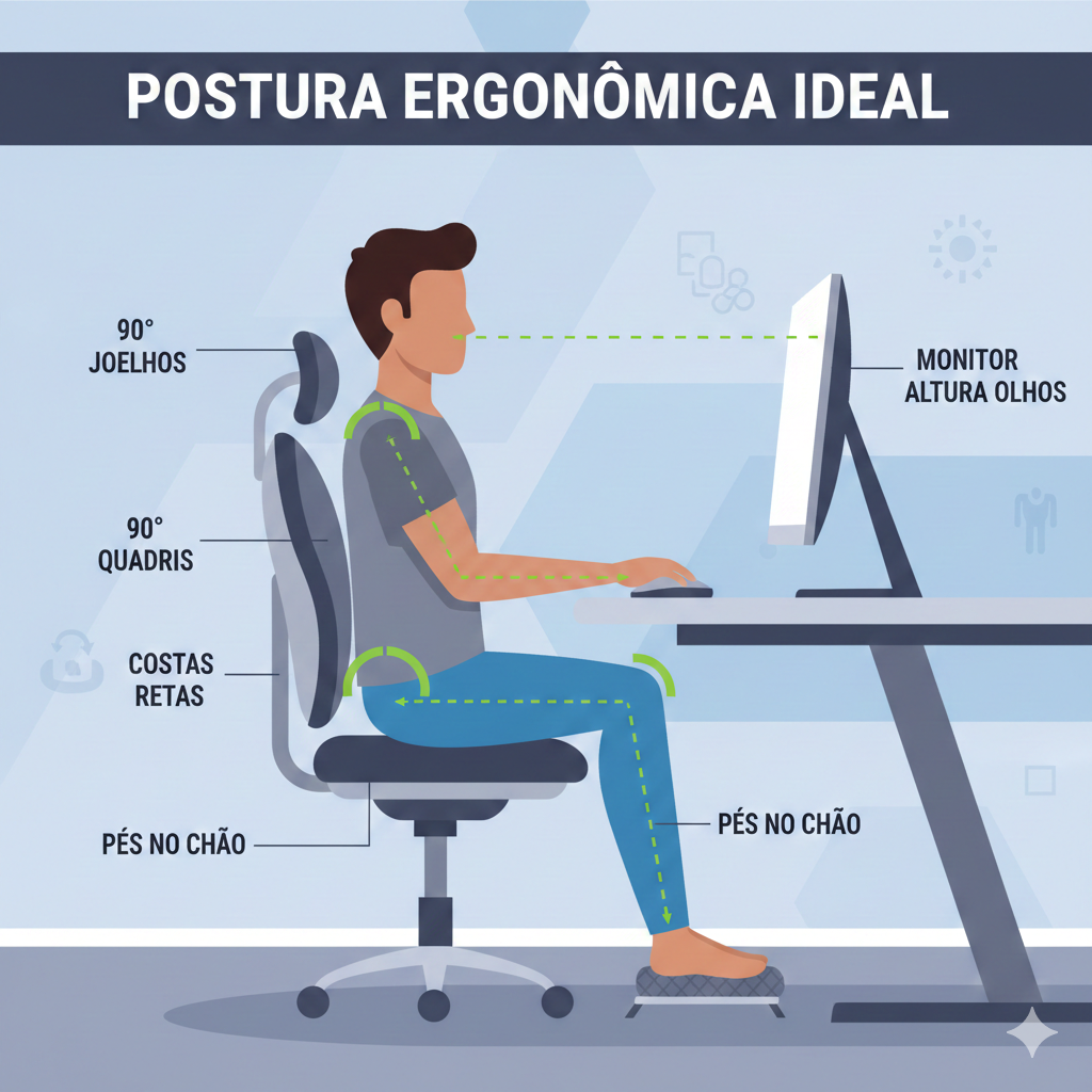 Infográfico mostrando uma pessoa sentada em uma cadeira ergonômica com os joelhos e quadris em ângulo de 90 graus, pés apoiados no chão e costas retas.