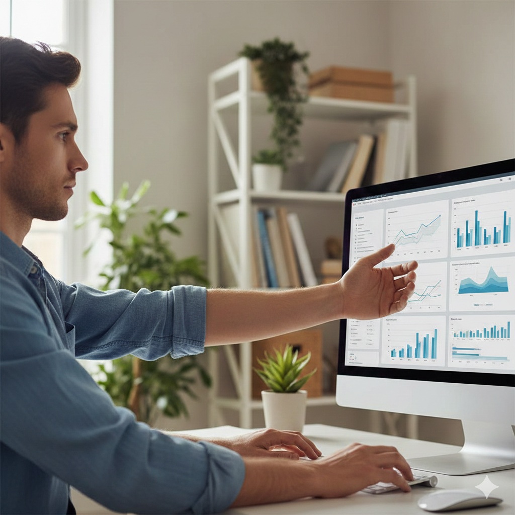 Close lateral de uma pessoa trabalhando, mostrando o topo da tela do computador alinhado à altura dos olhos e a distância de um braço entre o rosto e o monitor.