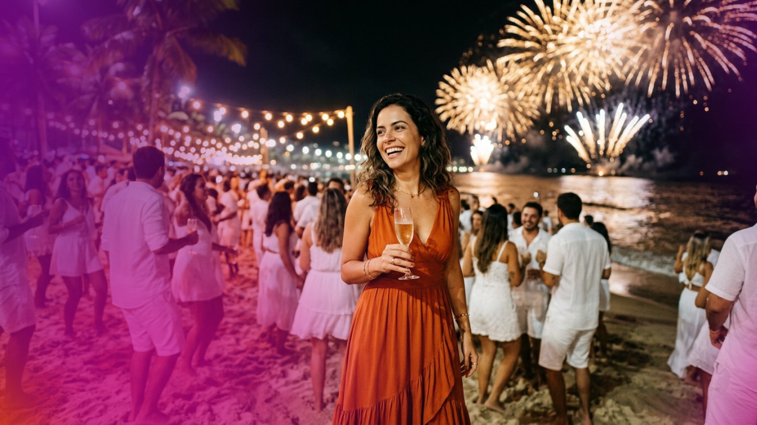 Laranja no Ano Novo: mulher de vestido laranja brindando a virada na praia com fogos de artifício