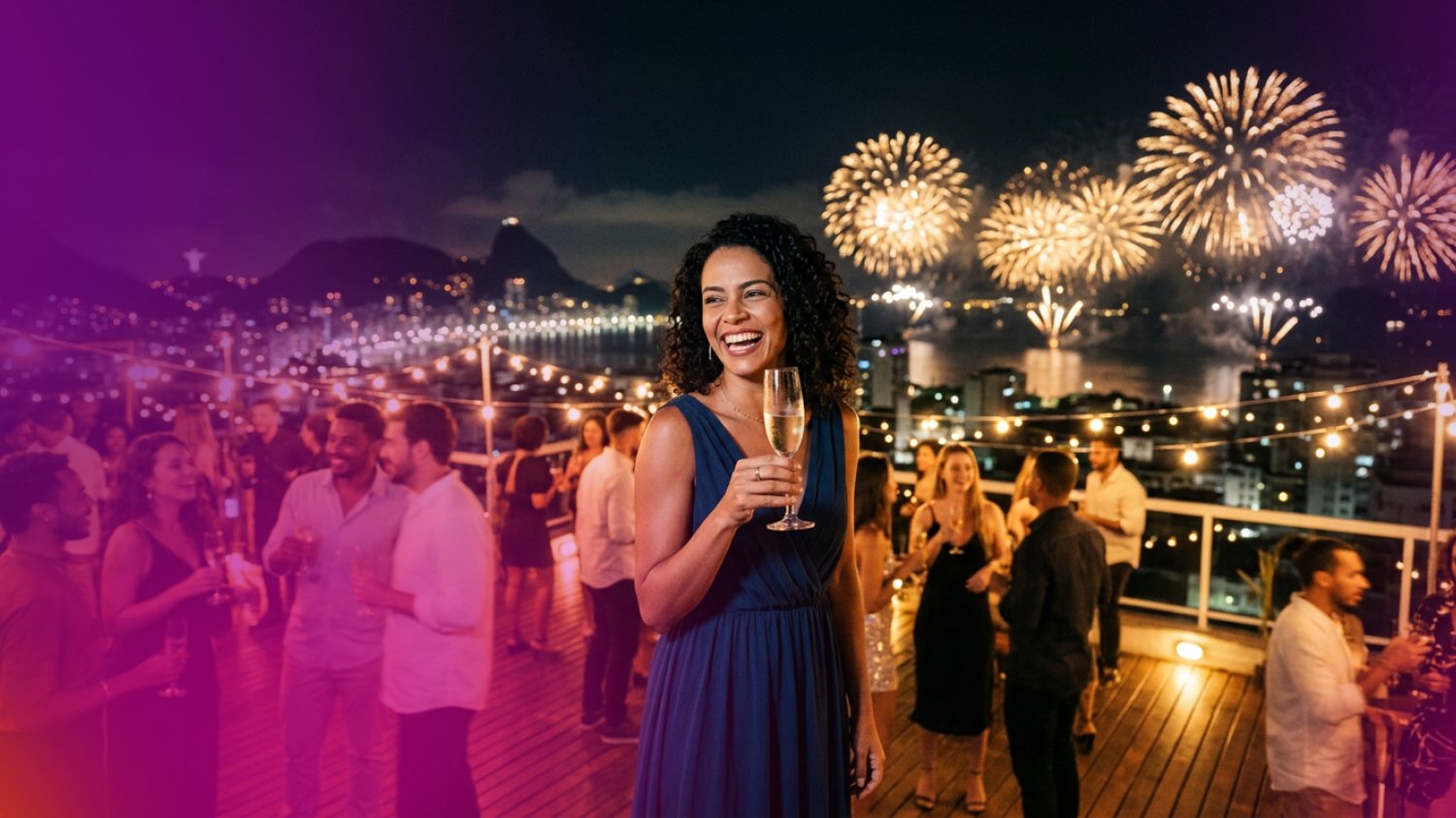 Azul no Ano Novo 2027: look na cor azul numa festa de réveillon