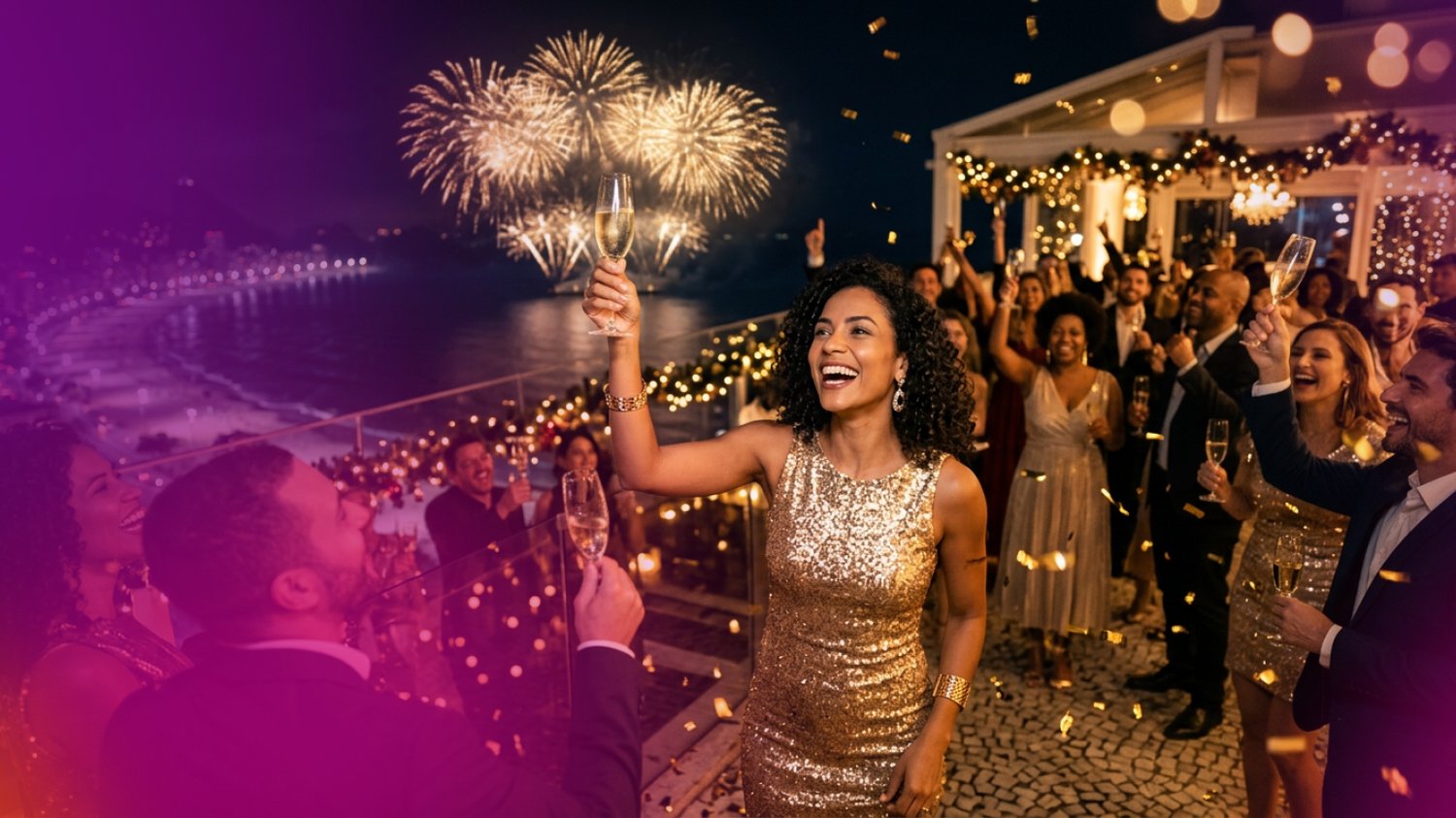 Dourado no Ano Novo 2027: look na cor dourado numa festa de réveillon
