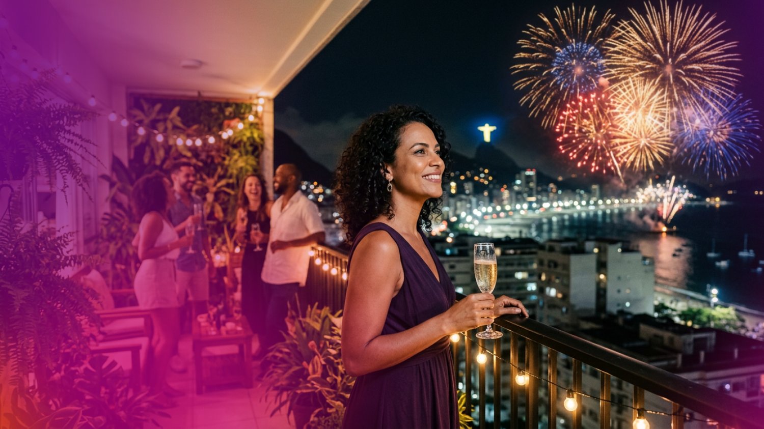 Roxo no Ano Novo 2027: look na cor roxo numa festa de réveillon