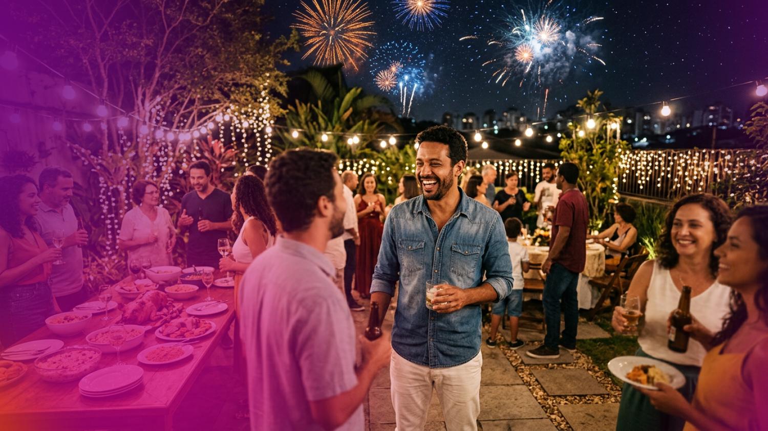 Azul índigo no Ano Novo 2027: look na cor azul índigo numa festa de réveillon