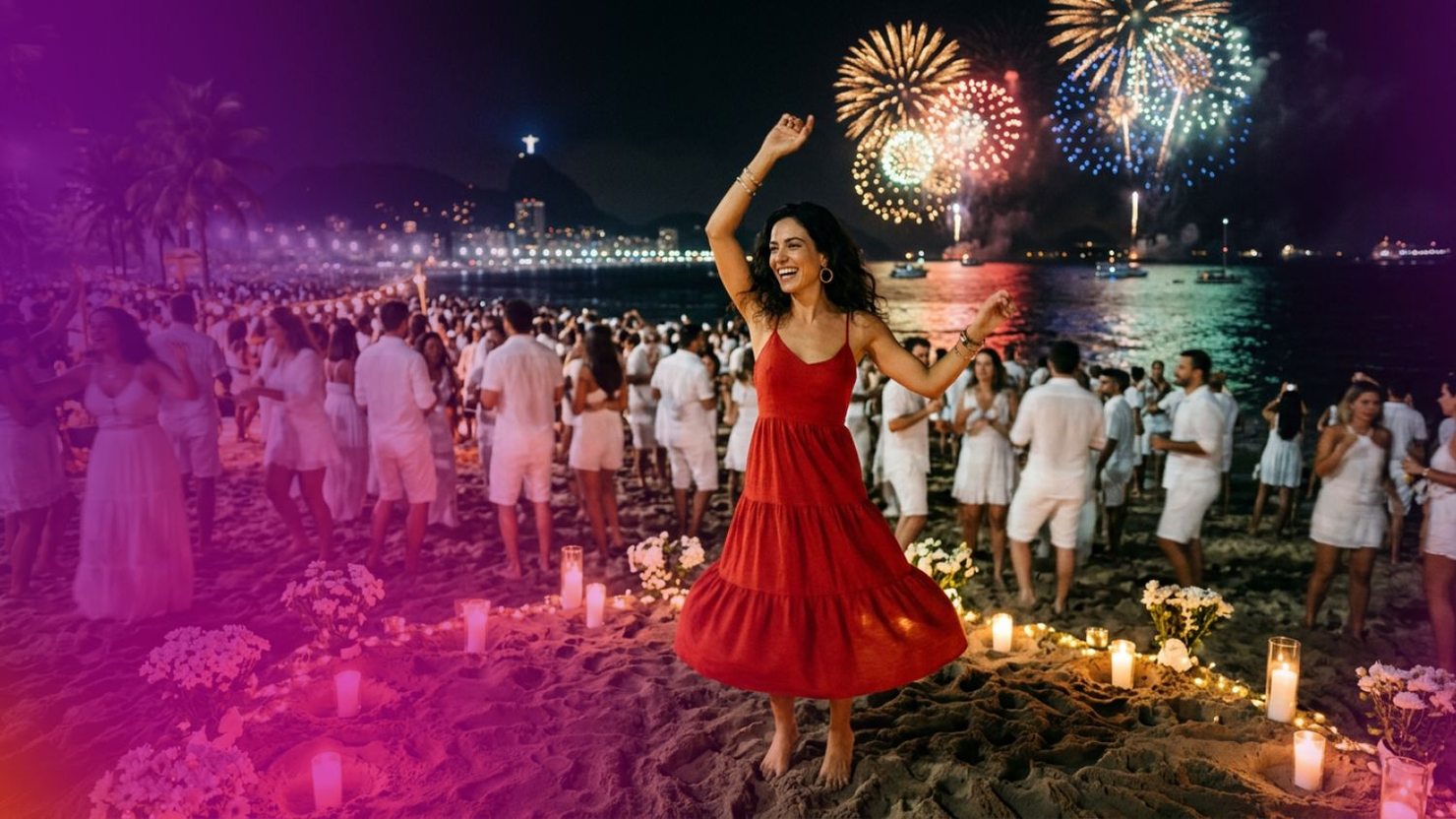 Vermelho no Ano Novo 2027: look na cor vermelho numa festa de réveillon