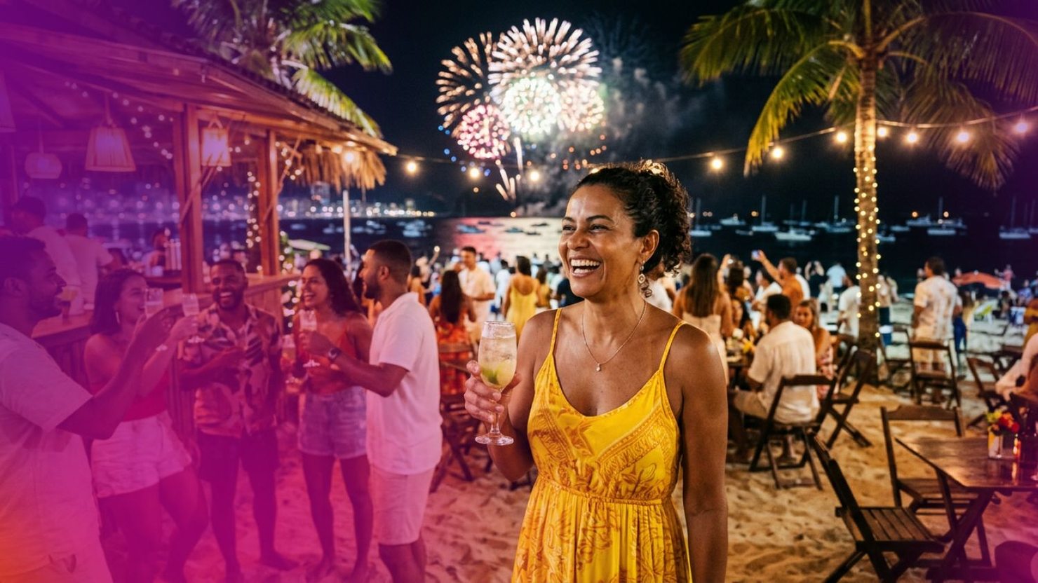 Amarelo no Ano Novo 2027: look na cor amarelo numa festa de réveillon