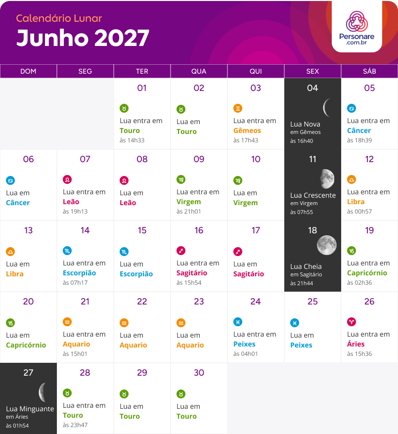 Calendário Lunar Junho 2027 com as fases da Lua e a Lua em cada signo
