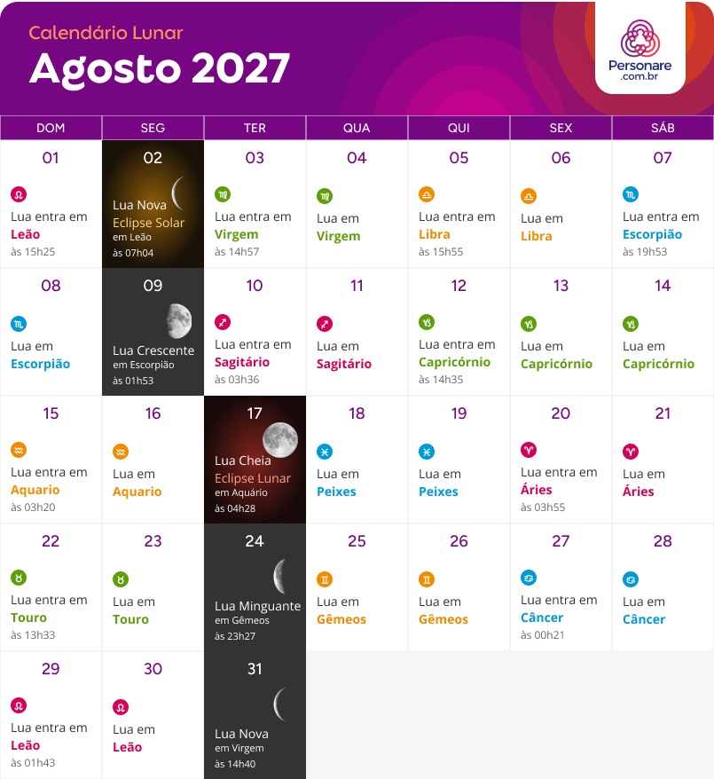 Calendário Lunar Agosto 2027 com as fases da Lua e a Lua em cada signo