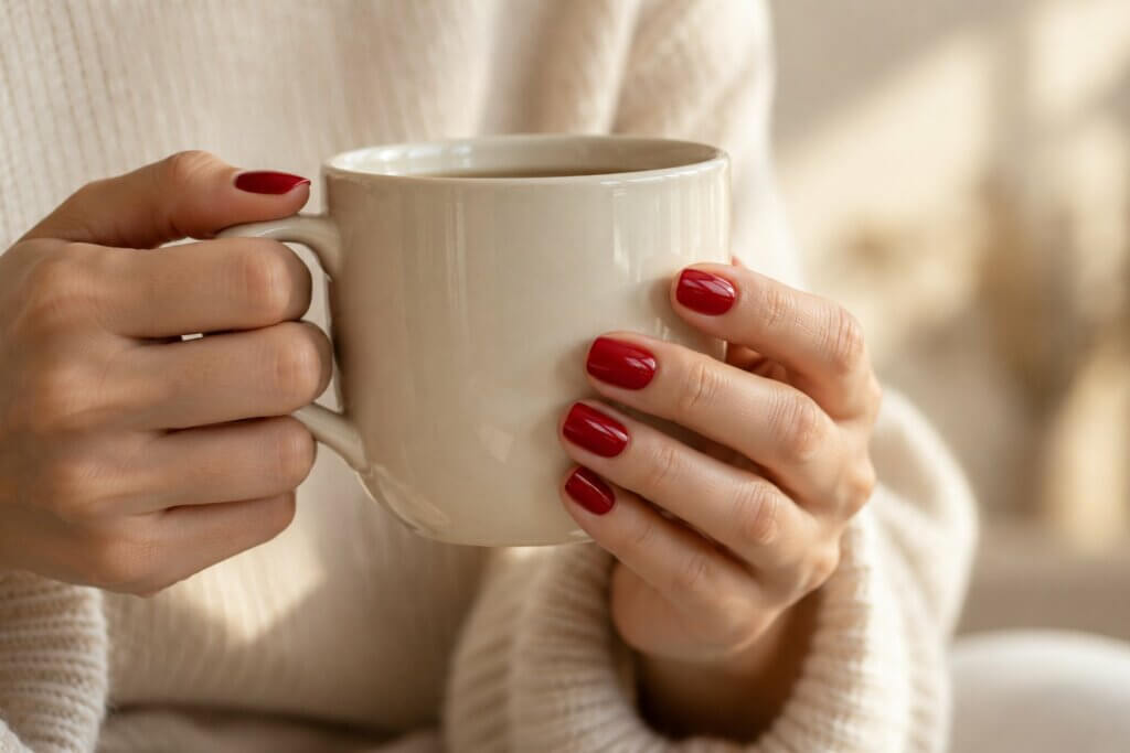 Mãos com unhas pintadas de esmalte vermelho segurando uma xícara