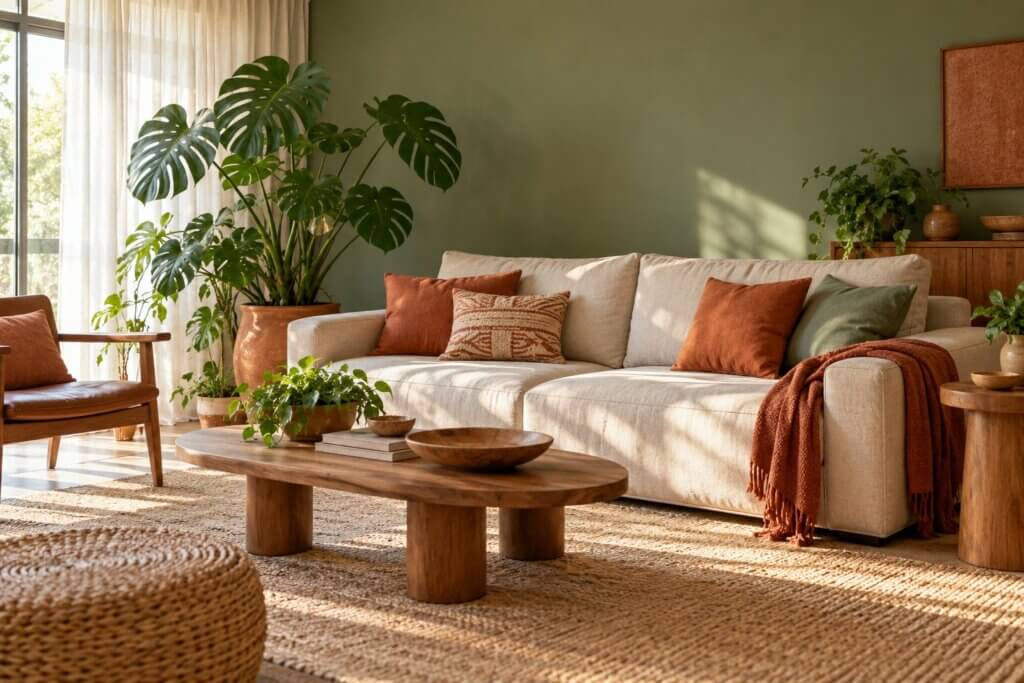 Sala com parede verde-sálvia, sofá claro, almofadas terracota e plantas