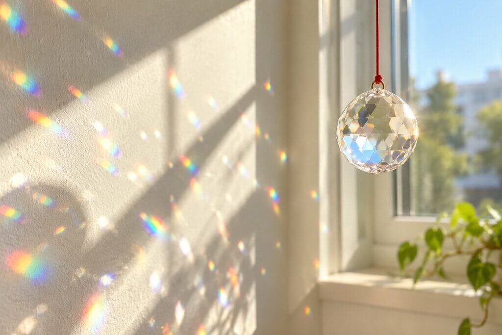 Cristal multifacetado pendurado na janela espalhando reflexos de arco-íris pela parede
