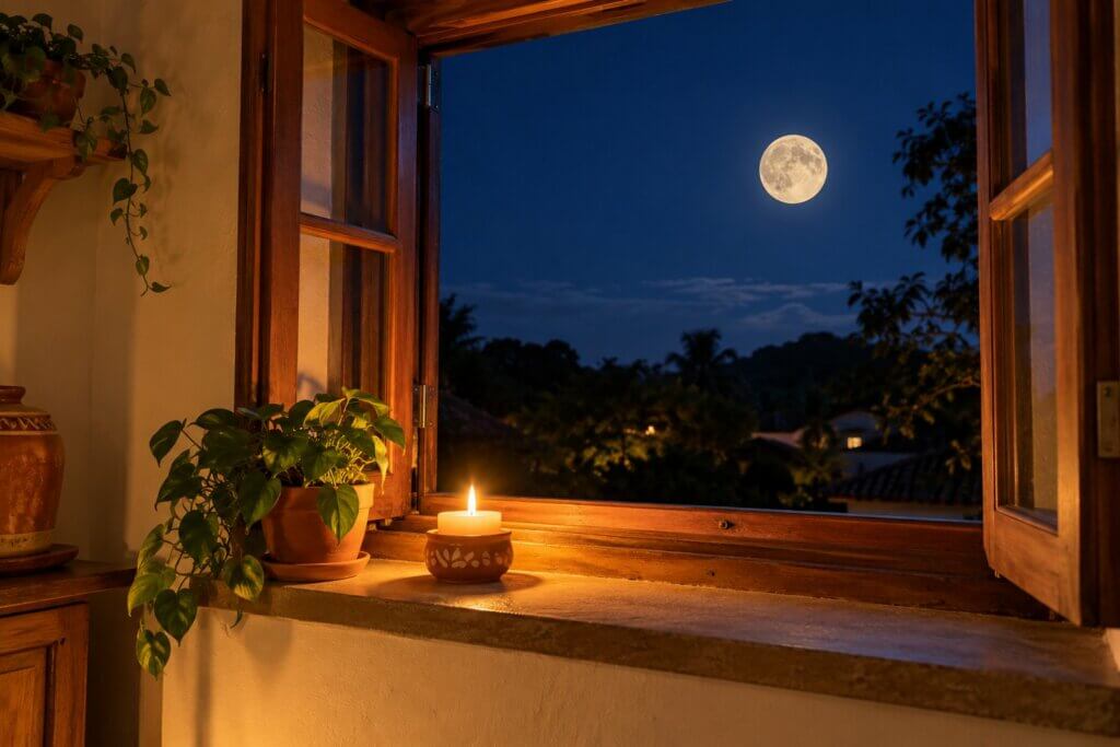 Janela aberta em noite de Lua Cheia, com vela acesa e planta no parapeito