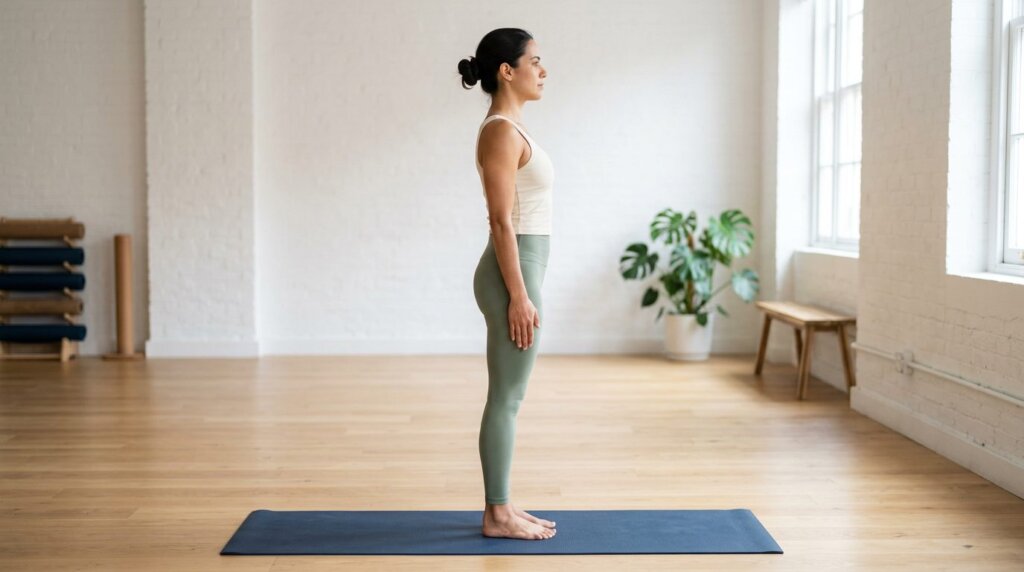 Mulher praticando Tadasana, a postura da montanha