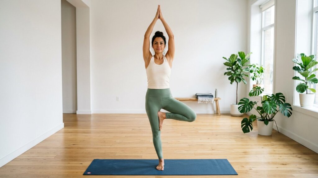 Mulher praticando Vrksasana, a postura da árvore