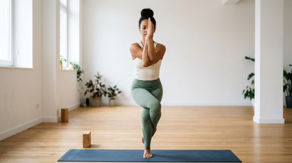 Mulher praticando Garudasana, a postura da águia