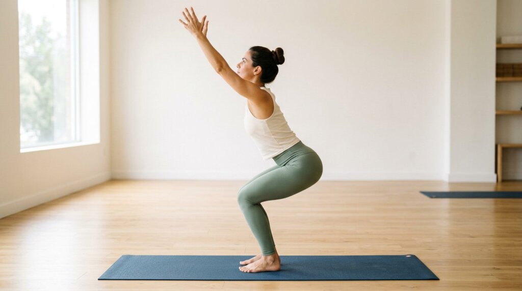 Mulher praticando Utkatasana, a postura da cadeira
