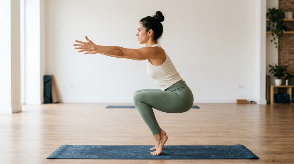 Mulher praticando Jatila Utkatasana, a cadeira intensa
