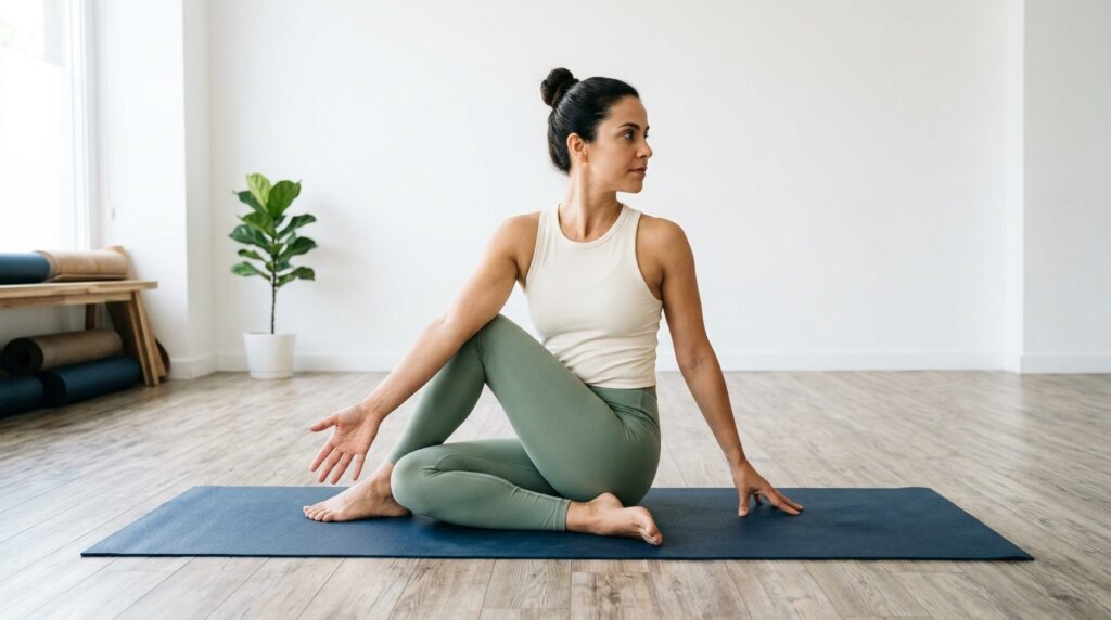 Mulher praticando Matsyendrasana, torção sentada