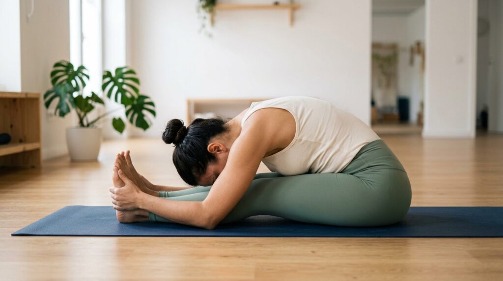 Mulher praticando Paschimottanasana, a pinça