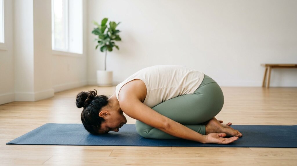 Mulher praticando Balasana, a postura da criança