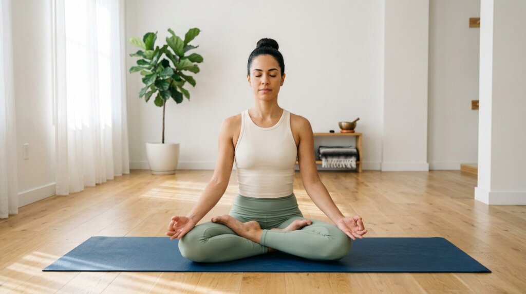 Mulher praticando Padmasana, a postura do lótus
