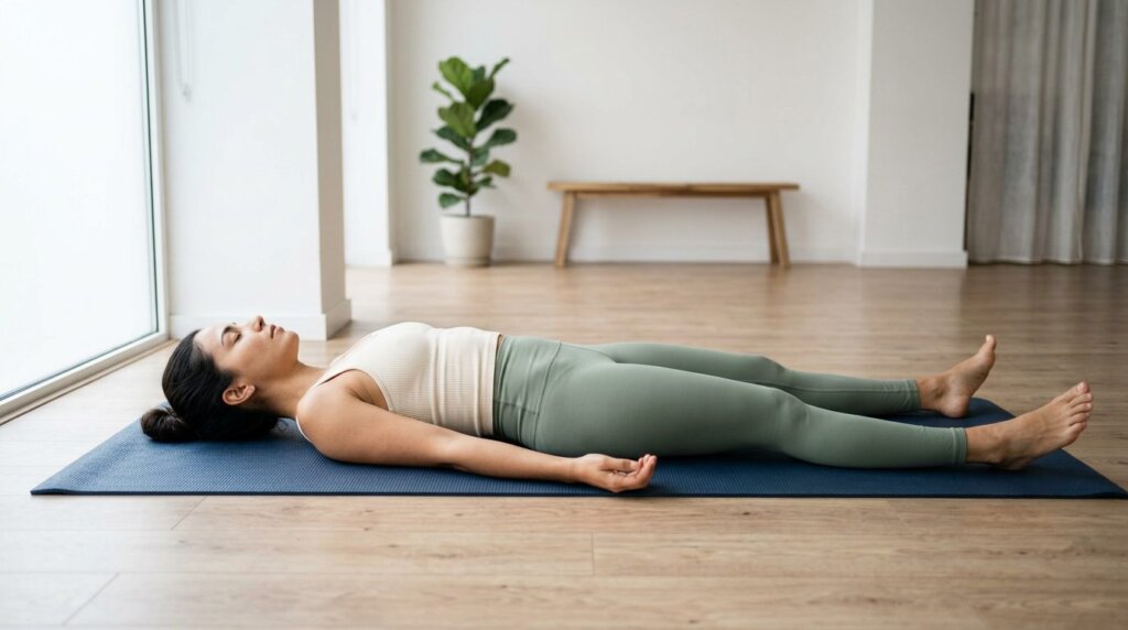 Mulher praticando Shavasana, a postura do cadáver