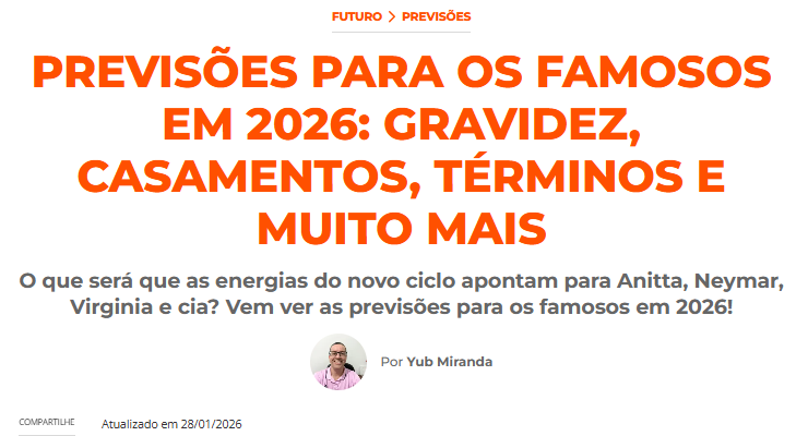 As previsões para os famosos em 2026, publicadas no Personare em dezembro de 2025