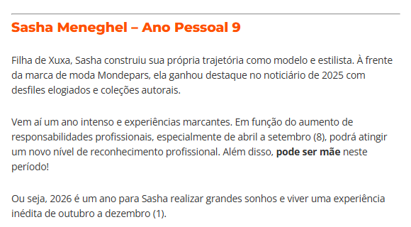 Trecho da previsão para Sasha Meneghel